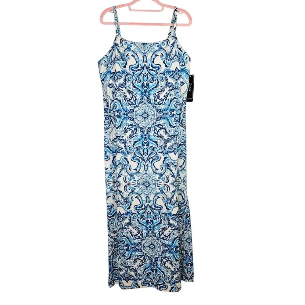 NWT MSK Linen Midi Dress SPELLBOUND BLUE & WHITE FLORAL size L 12-14 Sundress - Picture 2 of 12